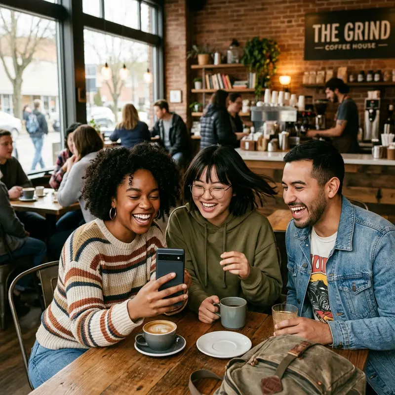 Friends laughing at a smartphone screen