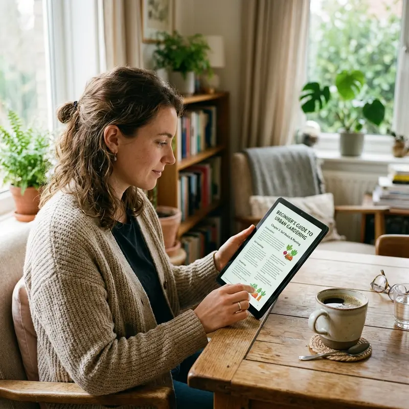 Woman reading tablet screen