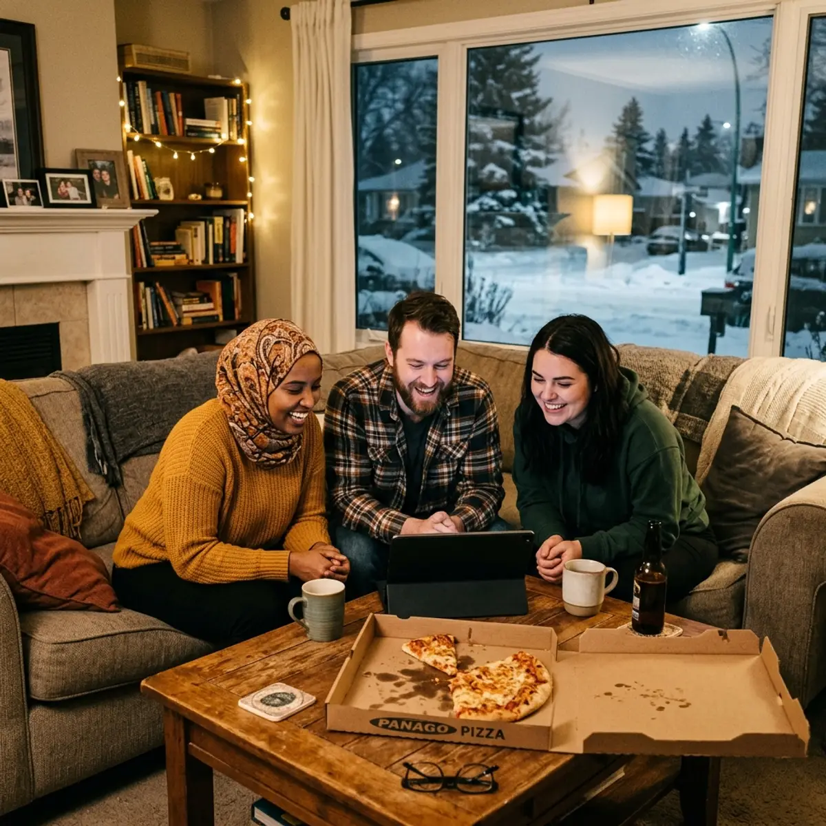 Group of three diverse Canadian friends enjoying a digital tablet in living room